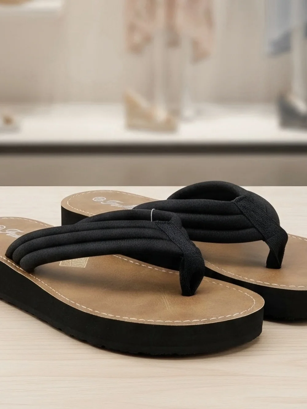 Fashion Forms Black Thong Sandals with Tan Footbed